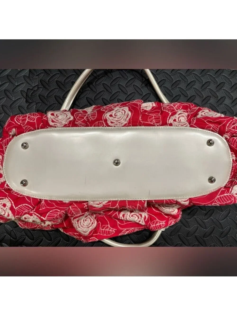 577. Beijo Red Floral Fabric With Patent Leather Trim Handbag